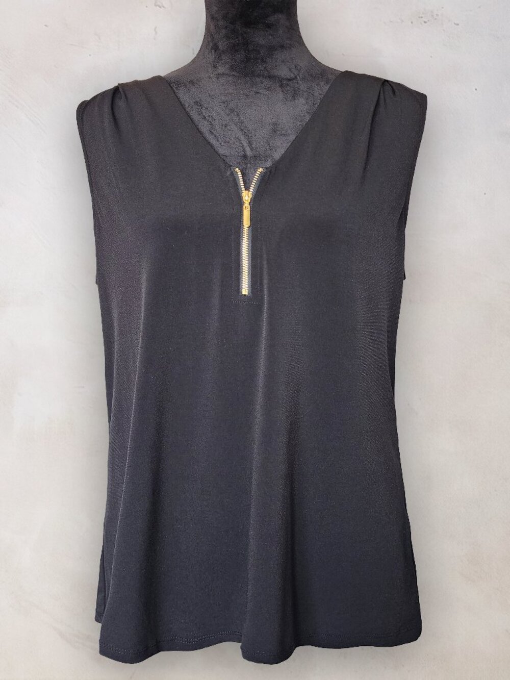 INC International Concepts Black Gold Zip V Neck Sleeveless Top Tank